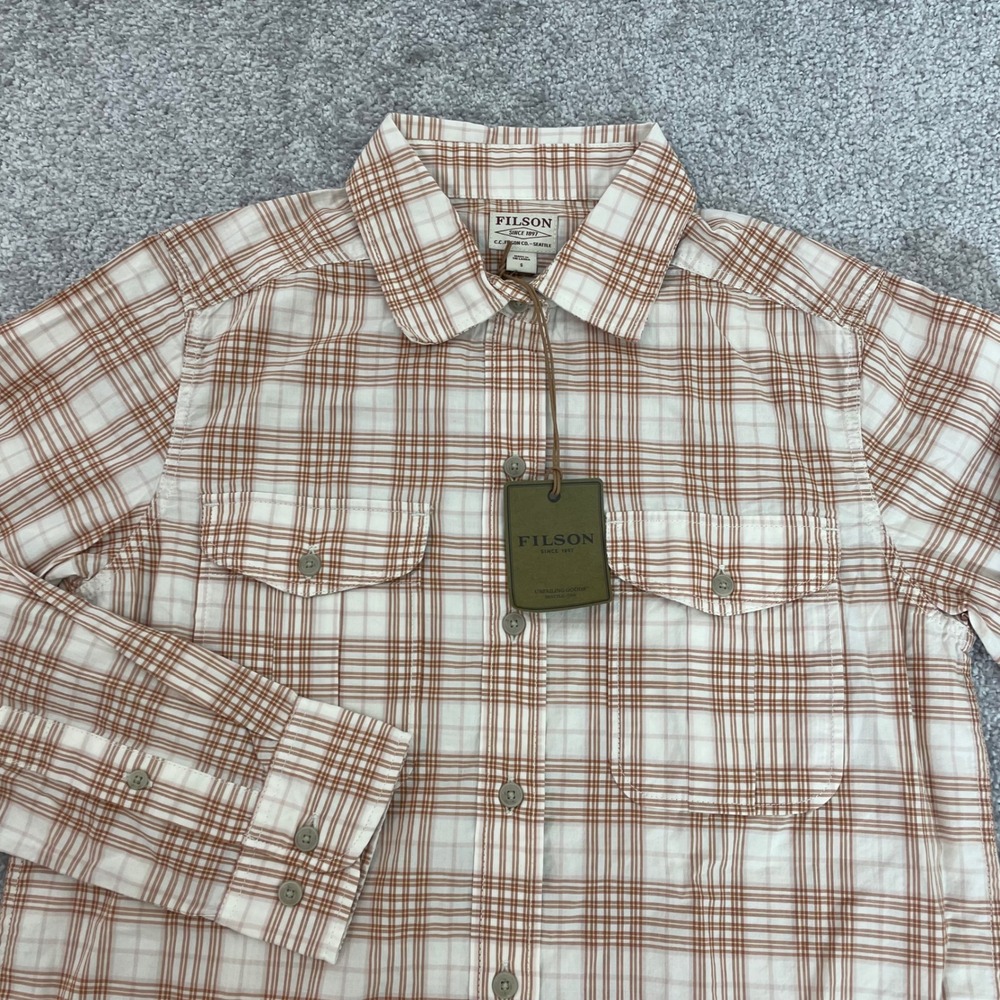 Filson Womens Small Kadin Island Shirt White Tan Plaid Cotton Button Down Cabin